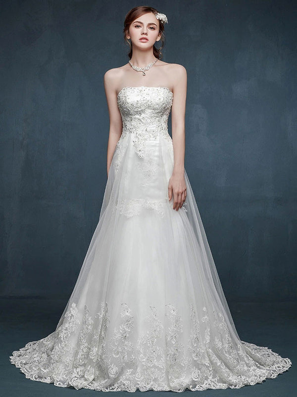 Strapless Fit and Flare Lace Wedding Dress