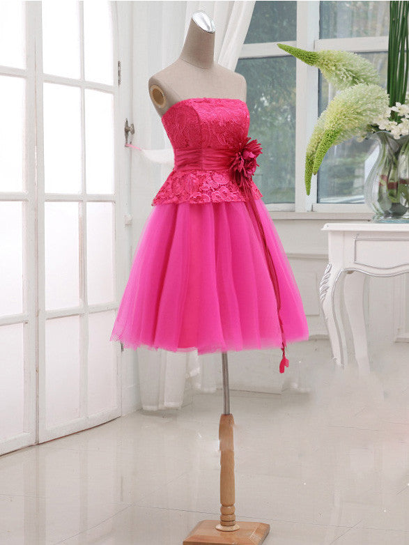 Fuchsia Pink Strapless Lace Short Bridesmaid Dress