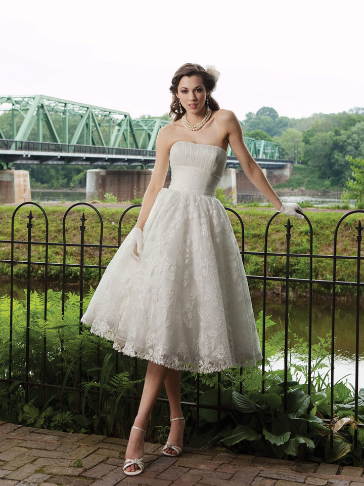 Retro 50s Strapless Lace Tea Length Wedding Dress with Ruched Bodice