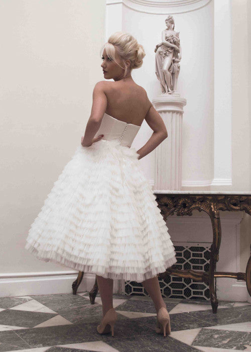 Retro Strapless Tea Length Wedding Dress with Ruffled Skirt