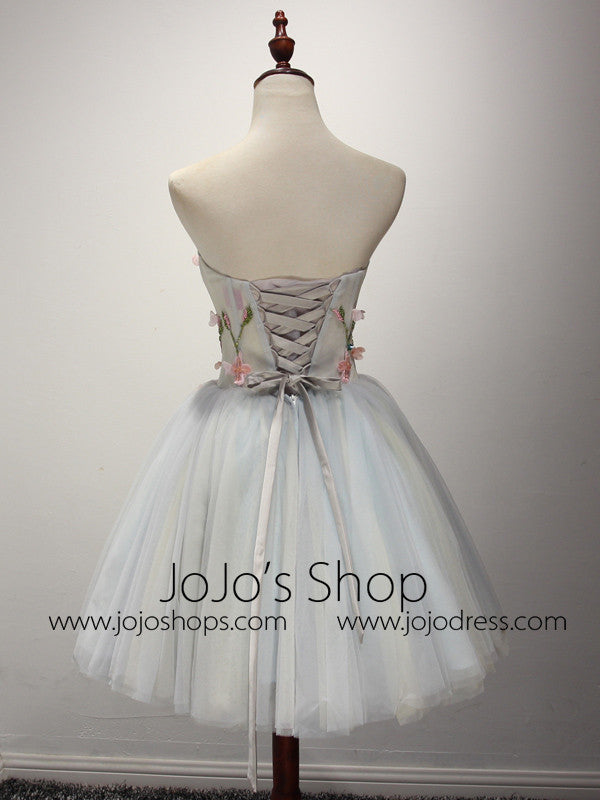 Strapless Short Gray Bridesmaid Dress with Flower Appliques