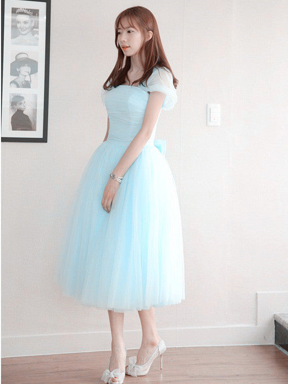 Tea Length Short Bridesmaid Dress with Cap Sleeves