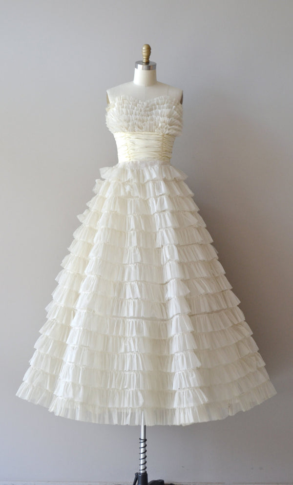 Retro Strapless Tea Length Wedding Dress with Tiered Ruffles