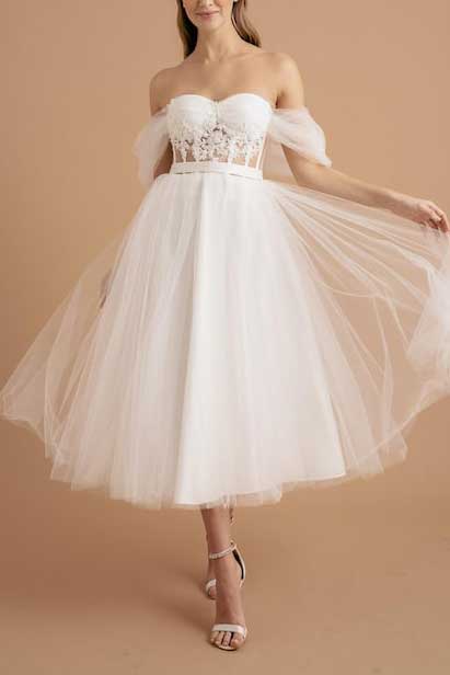 Short Tea Length Lace Wedding Dress with Off the Shoulder Neckline ET3038