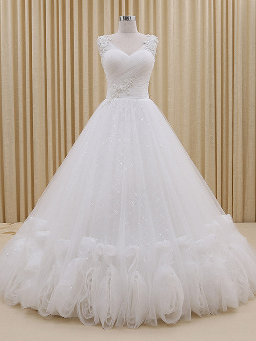 V Neck Tulle and Lace Ball Gown Wedding Dress | RS3008