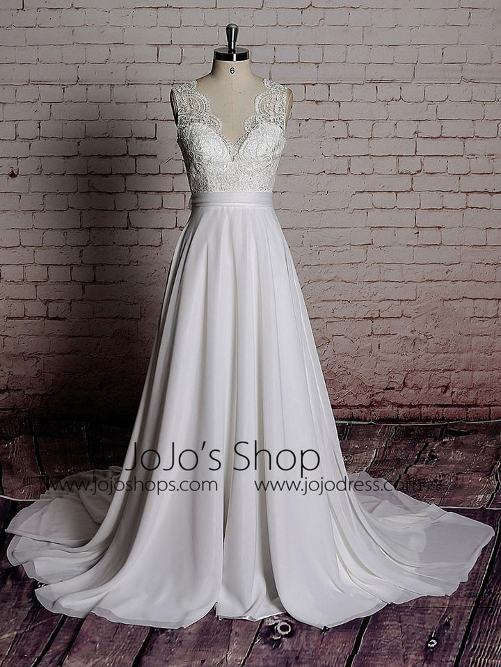 Vintage Lace Chiffon Wedding Dress with Scalloped Lace V Neck | EE3009