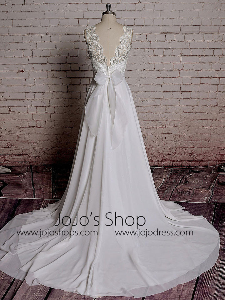 Vintage Lace Chiffon Wedding Dress with Scalloped Lace V Neck | EE3009